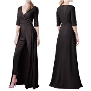 KAY UNGER Daphne Pleated Crepe Walk Thru Overlay Jumpsuit NEW Black Size 12